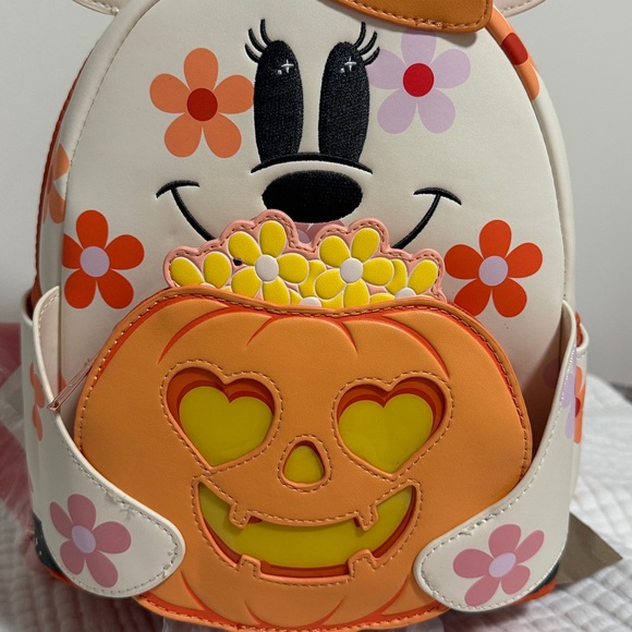 Loungefly Disney Minnie Floral Pumpkin Light-Up Glow-In-The-Dark Backpack SET - Picture 10 of 11